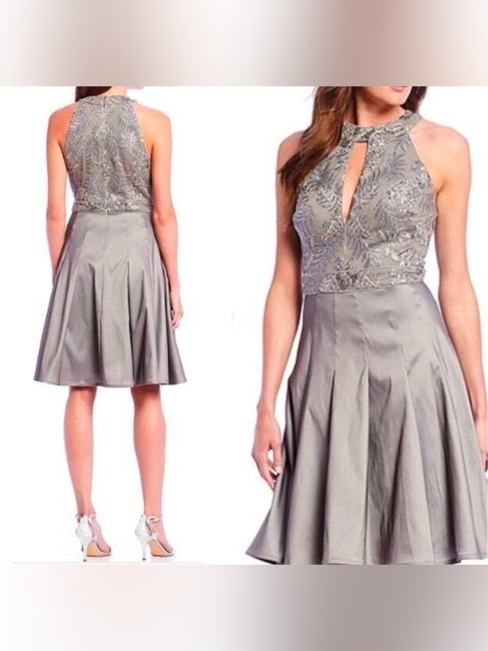 Tadashi Shoji Halter Neck Silver Taffeta Fit & Flare Dress Size US 4 Sequin